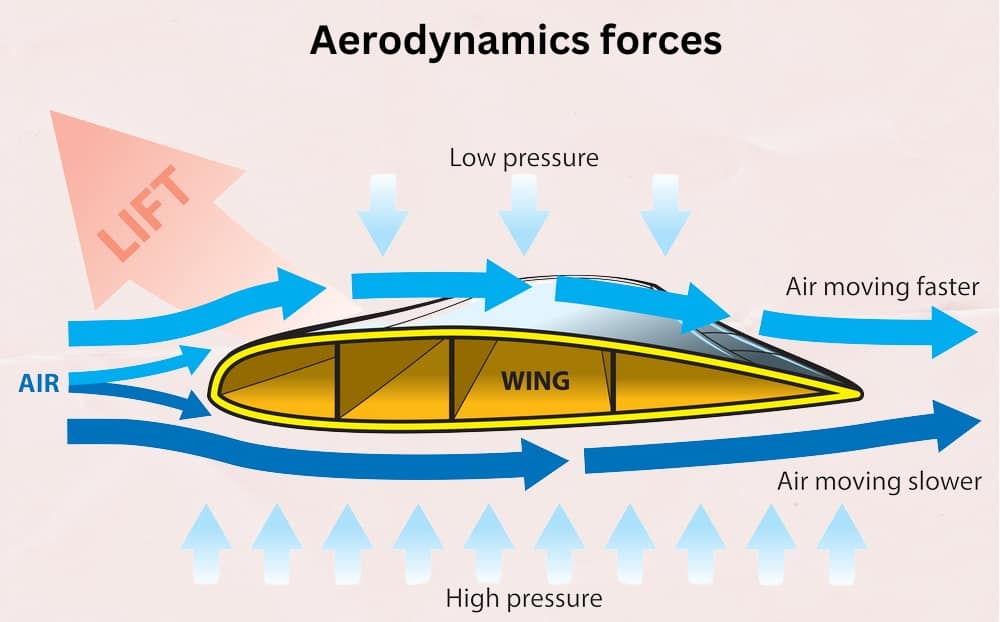 Diagram illustrating aerodynamic forces on a wing, showing airflow paths. Faster air and low pressure above, slower air and high pressure below, create lift.