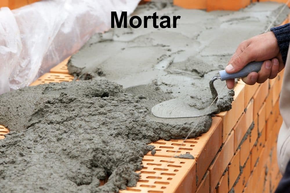 A person's hand is using a trowel to spread gray mortar on top of orange bricks. The image conveys construction and craftsmanship. "Mortar" is written above.