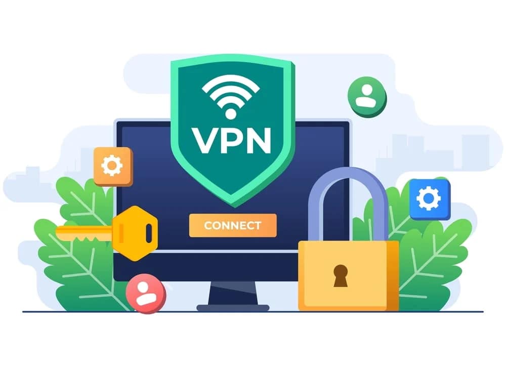 Illustration of a VPN concept. A computer screen with a VPN shield and "Connect" button, surrounded by a lock, key, gears, and user icons.