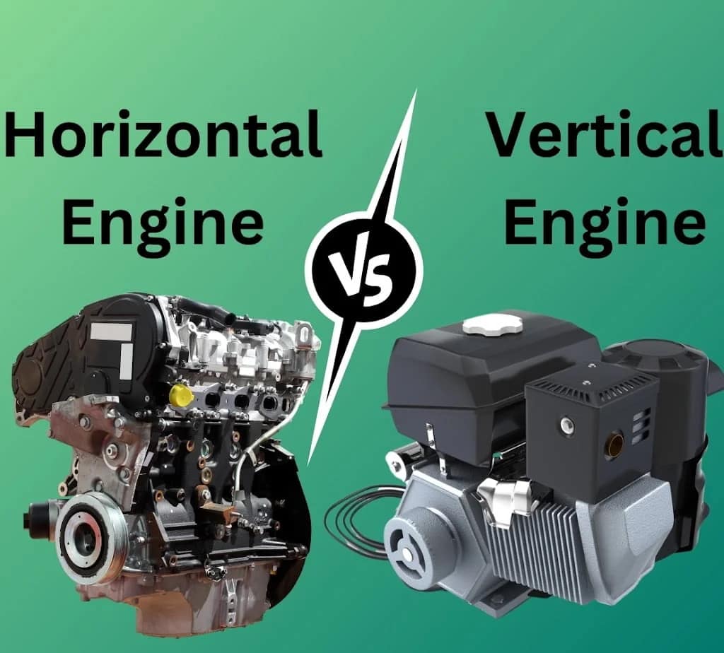 Comparison image of a horizontal and vertical engine on a green background. "Horizontal Engine" text on the left, "Vertical Engine" on the right, with a "VS" symbol in the center.