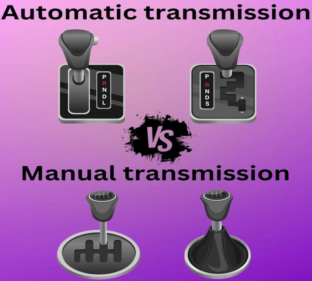 Illustration comparison of automatic and manual transmissions on a purple background. Automatic gears labeled "PRNDL" and manual showing a gear pattern. "VS" in the center.