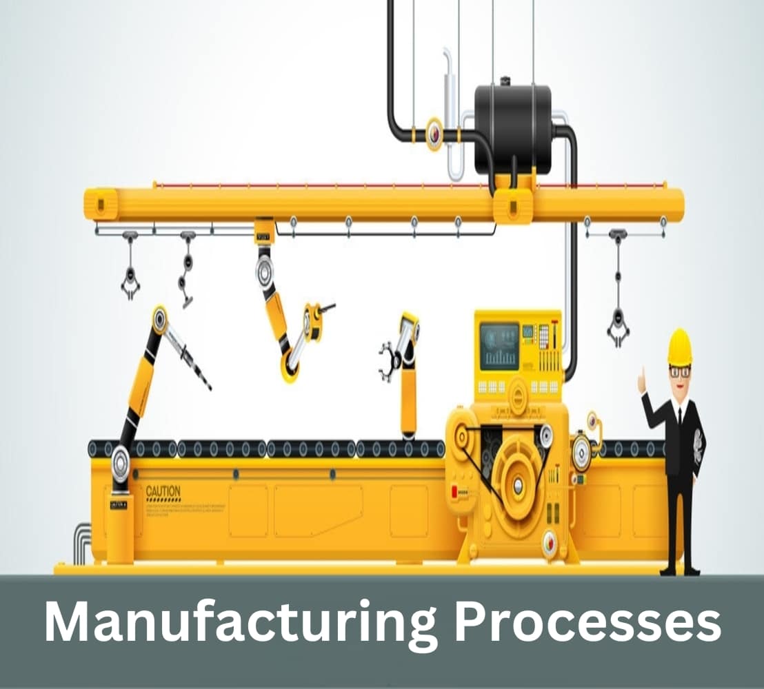 Yellow robotic arms and machinery on a conveyor belt with pipes overhead. A worker in a hard hat stands beside it. Text: "Manufacturing Processes".