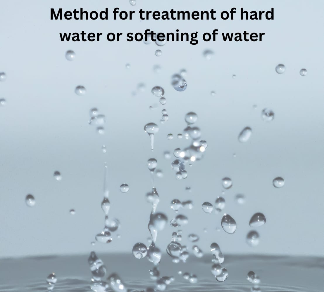 Water droplets splashing against a light blue background, accompanied by the text "Method for treatment of hard water or softening of water."
