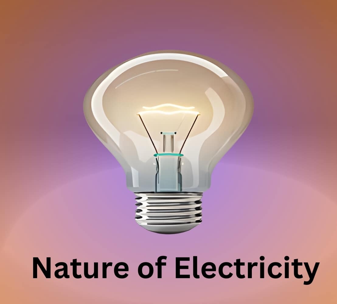 A glowing lightbulb hovers against a gradient background of warm orange and purple tones. Below, the text reads "Nature of Electricity."