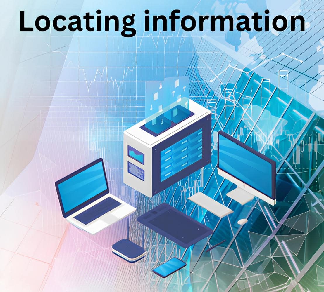 Futuristic digital scene with floating devices like a laptop, monitor, and server overlaid on a blue grid background. Text reads "Locating information."
