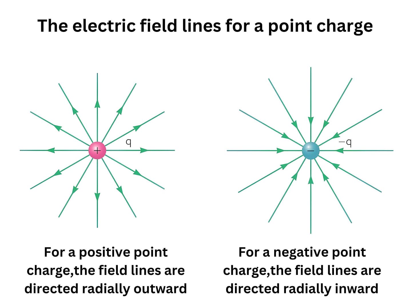 Diagram illustrating electric field lines for point charges. Left: Positive charge with green arrows radiating outward. Right: Negative charge with arrows directed inward.