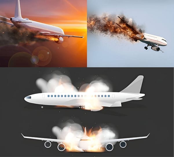 Collage of four illustrations showing airplanes in flight with engines on fire and smoke coming from the aircrafts.