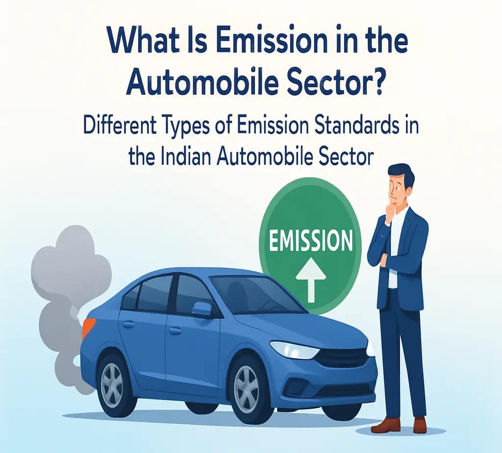 A man in a suit stands near a blue car releasing exhaust, with a green sign indicating "EMISSION" and text about automobile emissions in India.