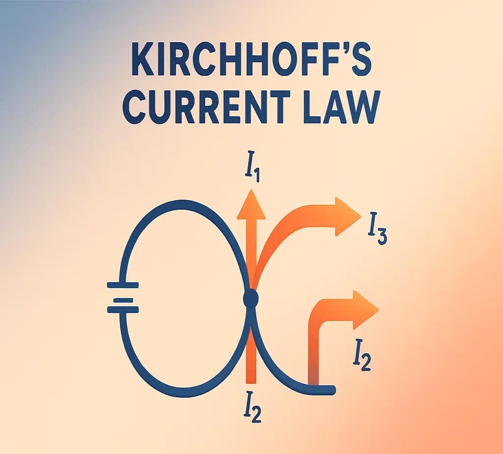 Diagram illustrating Kirchhoff's Current Law, showing current I1 entering a junction and splitting into currents I2 and I3.