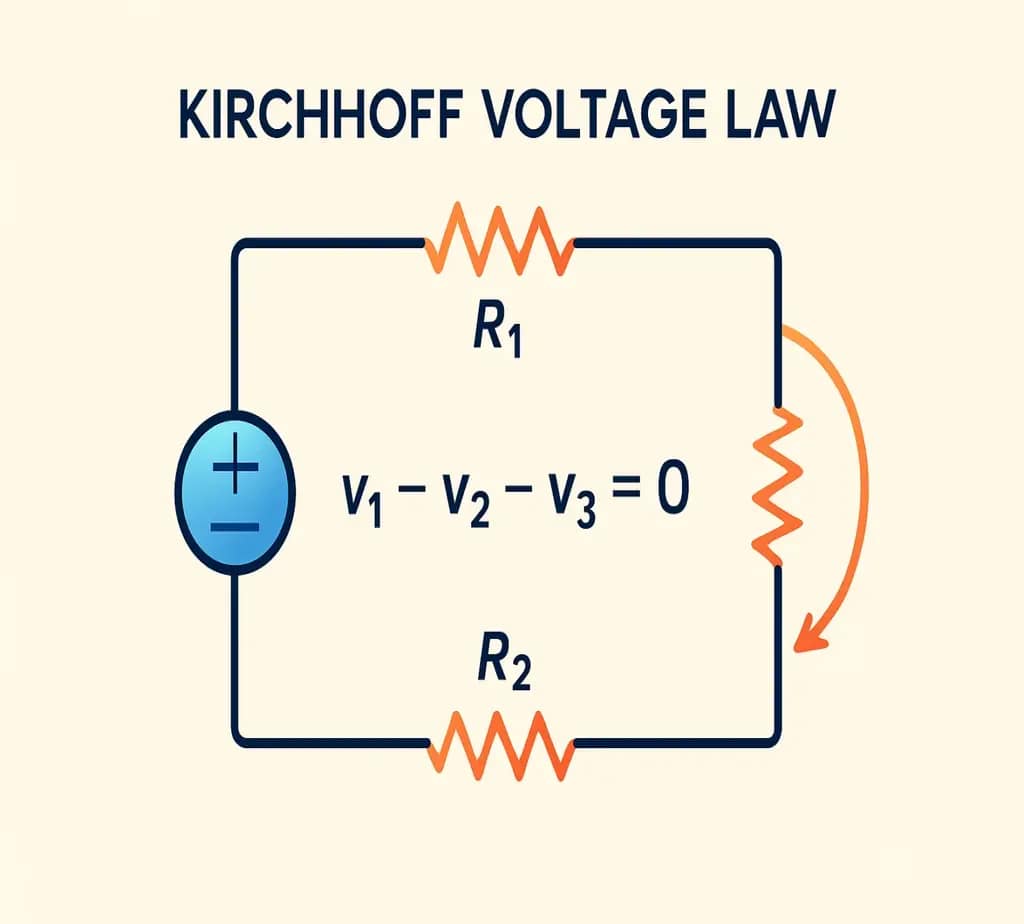 Diagram illustrating Kirchhoff's Voltage Law, featuring a voltage source and two resistors, with the equation \( V_1 - V_2 - V_3 = 0 \).